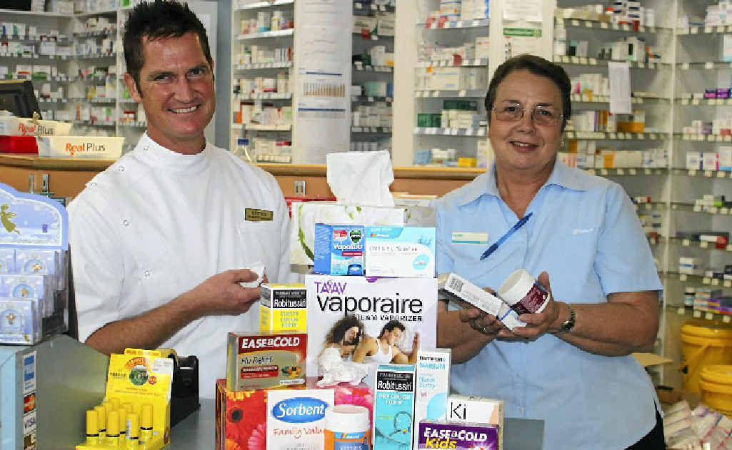 Matthew Date and Lynette Washbourne of John Duggan Chemist stock up on cold and flu relief as the sick season approaches. Matthew Date and Lynette Washbourne of John Duggan Chemist stock up on cold and flu relief as the sick season approaches.